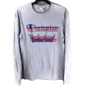 Champion Timberland Triptych Logo Long Sleeve Crewneck Gray Cotton Tee Sz Medium